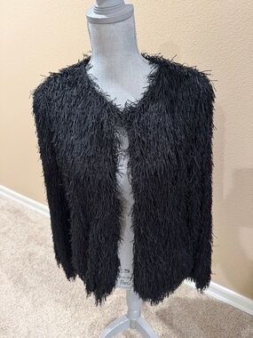 Max Studio London Textured Black Fringe Open Cardigan
